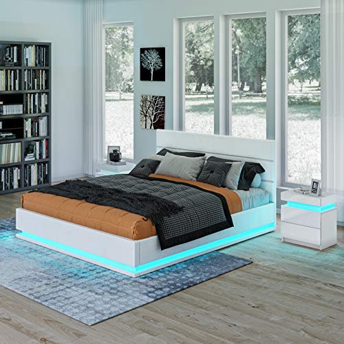UNDRANDED PU Leather Bed Frames Changing 16 Different Types of LED Lights with Remote Control Gas Lift Up Massive Storage Space Bed 4FT6 Double Bed Frame Only White(202 * 146cm)