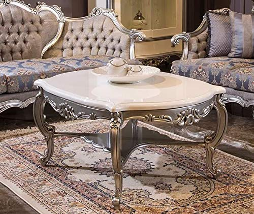 Casa Padrino Luxus Barock Couchtisch Weiß/Silber 118 x 89 x H. 58 cm - Massivholz Wohnzimmertisch - Barockstil Möbel
