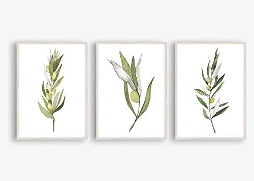 Kunstdruck 3-teilig Din A4 ohne Rahmen - Aquarell Olive Olivenzweig Blatt Blätter Zweig Ast Natur Grün Küche Druck Poster Bild