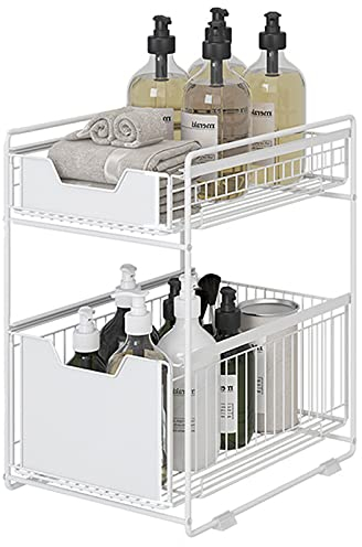 CarolynDesign Cassetto portaoggetti sottolavello a 2 Ripiani per Cucina e Bagno, Cesto portaoggetti Scorrevole in Metallo, Cestino portaoggetti Estraibile da scrivania per casa e Ufficio