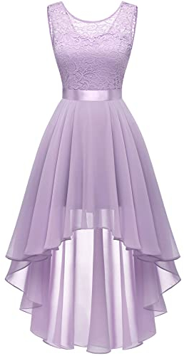 Berylove Damen Spitzenkleid Kleid Damen Elegant Vokuhila Cocktailkleid Ärmellos Abendkleid Chiffon Brautjungfer Kleid BLP7035 Lavender M