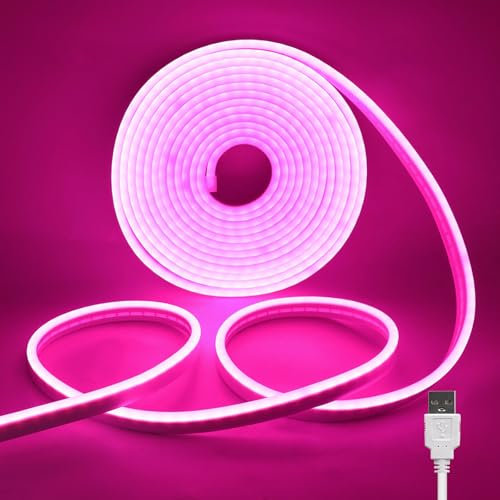 Wisada 1M LED Neon Rope Light with On/Off, Pink Light Waterproof Flexible LED Strip Light, DIY Design, Suitable for Bedroom, Living Room, Game Room, Kitchen, Indoor, Party Decoration