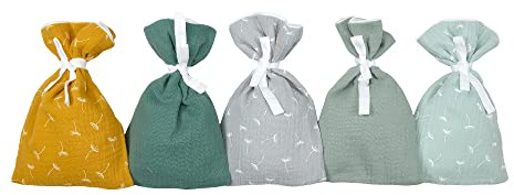 KraftKids Adventskalender aus 100% Baumwolle, Weihnachtskalender zum Befüllen in Musselin Gelb Grün Grau, mit praktischem Band zum Verschließen, 12 x 21 cm unverbunden, handgefertigt in der EU