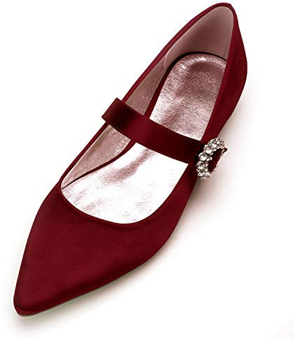 Womens Ballet Flats Pointed Toe Rhinestones Buckle Satin Ballet Pumps Dress Shoes,Wine red,7 UK