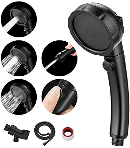MIAOHUI Modern Handheld Shower Head with On/Off Switch, 3 Spray Settings, Removable Shower Head with Hose, Angle Adjustable Shower Bracket, Teflon Tape, Black