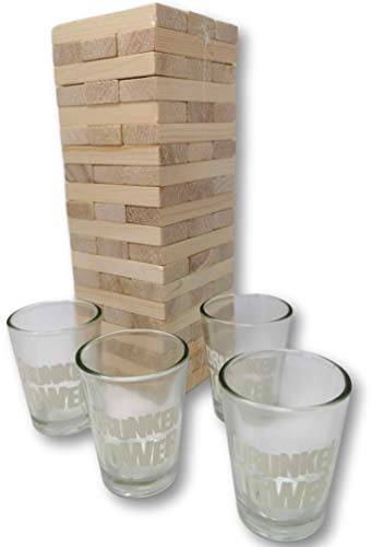 EKNA Spiel Wackelturm - Drunken Tower - Lustige Trinkspiele für Erwachsene - Tipsy Tower - Holzturm Wackelturm - Trinkspiel Party auf Englisch (2-6 Personen)