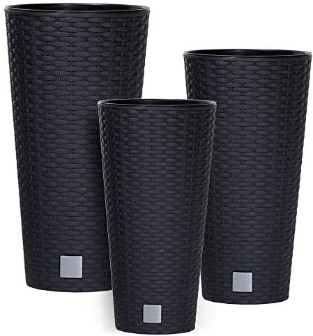 botle 3 stck Blumentopf Rattan Hohe Verschiedene Größen H 47+57+76 cm Anthrazit Einsatz Kunststoff mit Pflanzeinsatz Rund