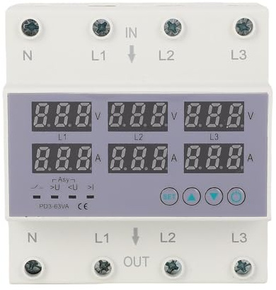 Tester Multifase per Voltmetro Amperometro su Guida DIN, Protezione da Sovracorrente Automatica da Sovratensione AC 390‑500V(40A)