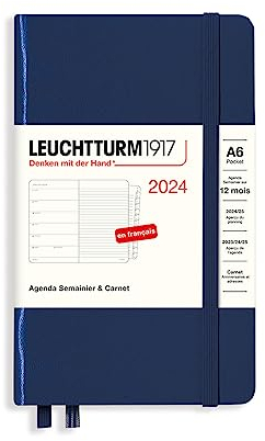 LEUCHTTURM1917 367735 Wochenkalender & Notizbuch Medium (A6) 2024, mit Extraheft, Marine, Französisch, 12 Monate