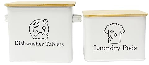 Xbopetda Set of Laundry Powder Bin & Dishwasher Pod Holder, Laundry Detergent Powder Storage Box with Scoop Wooden Lid & Handles, Metal Dishwasher Tablets Bin for Home Organization and Storage - White