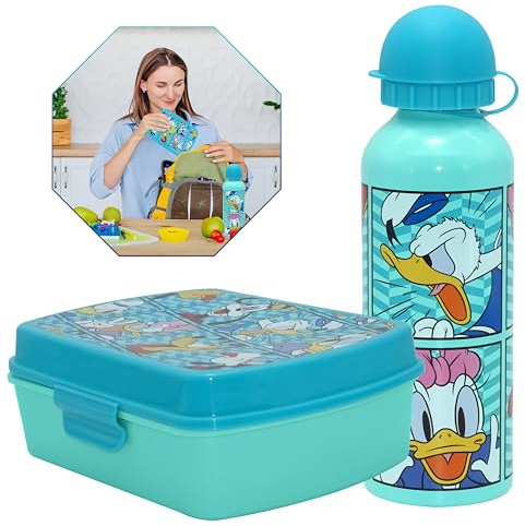 HOVUK Juego de 2 botellas de agua de aluminio de 500 ml y fiambrera infantil de 16,5 cm para la escuela, diseño de Mickey y amigos, juego de comedor para niños de regreso a clases