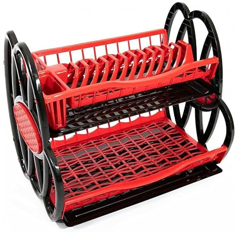 Best House Double Plastic Dish Rack, 2 Tier Double Dish Drainer Rack Large Plate Cutlery Cup Holder Plastic Trays - Pack of 1 (Red)
