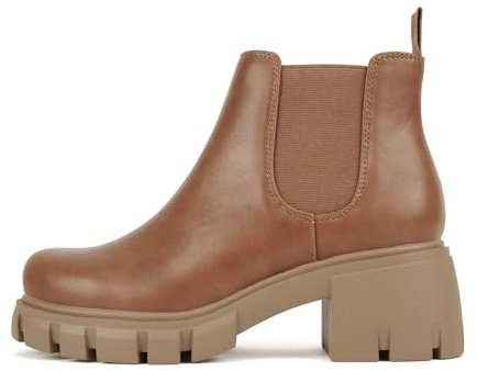 Soda Pioneer Chelsea-Stiefelette für Damen, Stollensohle, mittelhoher Absatz, mit doppeltem elastischem Gore, Braun PU, 39 EU