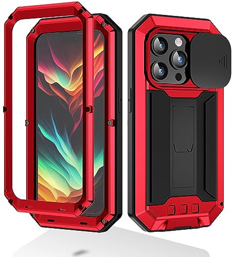 MIYIYQP Compatible for iPhone 15 Pro Max 5G Case, Aluminum Metal Gorilla Glass Shockproof Military Heavy Duty Sturdy Protector Cover,with Sliding Camera Cover and Built-in Foldable Kickstand(Red-Ⅱ)