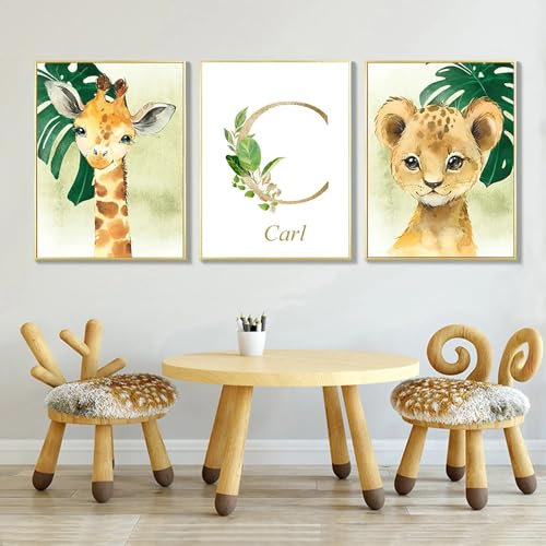 3 Affiche Animaux de la Foret Bebe Prenom Poster Personnalisé Tableau Safari Enfant Poster Jungle Lion Éléphant Girafe Tigre Zèbre Toile Savane Chambre Garçon Fille (30x40cm sans cadre)