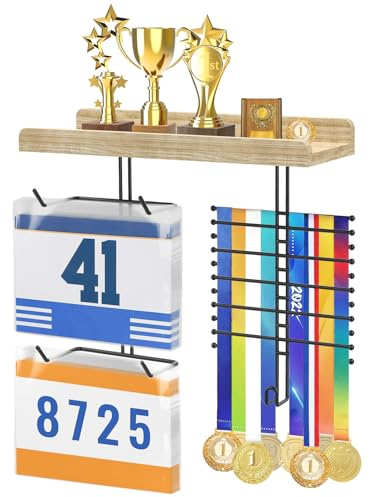 DSVENROLY Supporto per medaglie con organizzatore trofeo, stabile espositore in legno con ganci per numeri di partenza, supporto da parete per gli appassionati di sport, stile legno