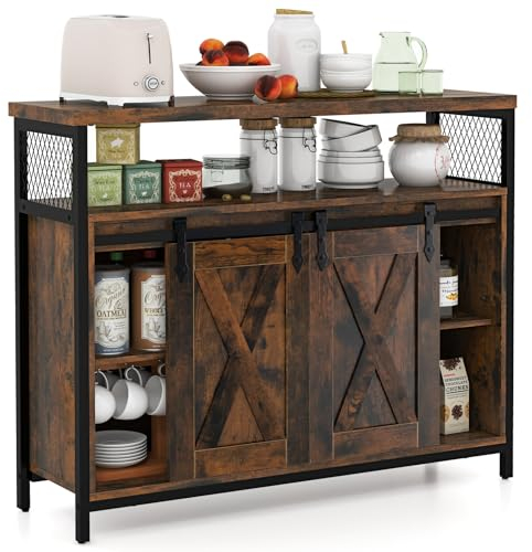 GOPLUS - Mueble de almacenamiento de cocina con 2 puertas correderas, aparador de cocina estilo industrial con 6 compartimentos abiertos y patas ajustables para sala de estar, cocina, 100 x 33 x 88 cm