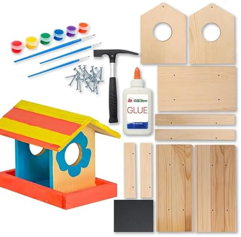 ITA DIY Futterhaus für Vögel zum Zusammenbauen und Bemalen BirdieBuffet - Vogelhaus Komplett Bausatz mit Hammer, Nägeln, Farben zum Bauen und Malen für Kinder - Bastelset für Jungen & Mädchen