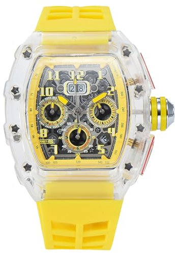 rorios Mode Armbanduhren für Herren Durchsichtig Tonneau Uhr Multifunktional Chronograph Uhr Analog Quarz Herrenuhren Sport Uhr für Männer Gelb B