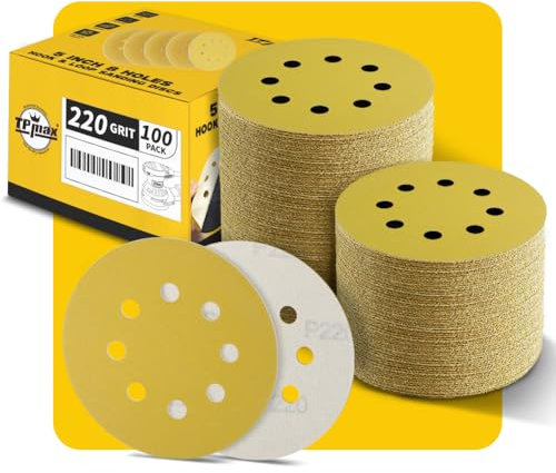 Disques Abrasifs Auto-agrippants 125mm 8 Trous - 100 Pièces, Grain 220, Disques Ponceuse Orbitales, Crochet et Boucle, Pour Meulage et Polissage du Bois et Métal