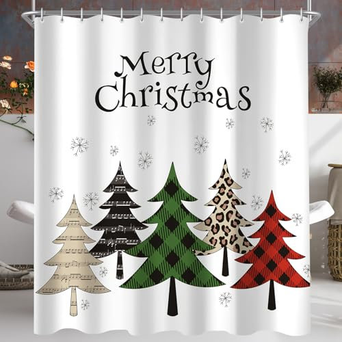 Lerores Duschvorhang 200x200cm Bunter Weihnachtsbaum, Beschwerter Saum Antischimmel Textil, Wasserabweisend, Waschbar Polyester Badevorhänge mit Ösen und 12 Duschvorhangringe für Badezimmer, Badewanne