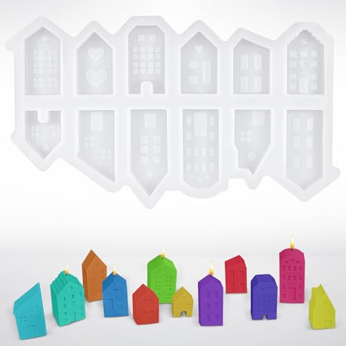 Silikonformen Gießformen Haus, 12 Stück Kleine Silikonform Weihnachten Häuser, DIY Weihnachten Deko Gießformen Silikon, 3D Silikonform Haus Kerzenhalter