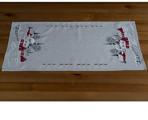 Tischdecke Mitteldecke Tischläufer 30 x 70 cm Winter Weihnachten grau rot Stickerei Dorf mit Kirche Silberfäden