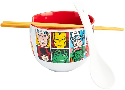 Get Trend Marvel Ramen Bowl Set 20oz/600ml, Japanese Rice Noodles Bowl with Ceramic Spoon & Bamboo Chopsticks, Microwave Safe, Gifts for Adults (Multi Marvel)