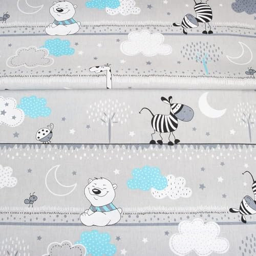 Fabreco - Baumwollstoff Meterware - 220g/lfm | Stoff Meterware mit Muster: Bären, Teddybär mit Zebra türkis | Weich, langlebig & hautfreundlich