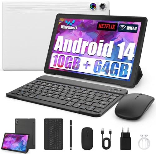 Tablet 10 Zoll 8-in-1 Kit Android 14 Tablet PC mit Hülle Tastatur Maus Stift Kopfhörer Netzstecker Kabel Octa-Core 10 GB RAM 64 GB ROM 1TB TF Erweiterbar 1280x800 IPS Touchscreen 5000 mAh (Weiß)