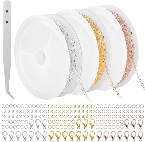 3 Farben Gliederkette Ketten, Roségold, Gold und Gliederkette Silber, 3 Rollen 300cm Schmuckkette, Schmuckherstellungszubehör Mit 150 Biegeringen und 30 Karabinerverschlüsse für Halsketten, Ohrringe