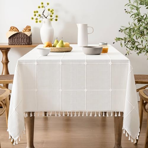 ZeeMart Rechteckige Tischdecke mit Gittermuster, 152,4 x 264,2 cm, Quaste/gebrochenes Weiß