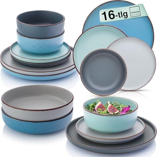 SÄNGER Bombay Sky Shades | Geschirrset 16 teilig, Steingut Geschirr 4 Personen, 4x Speiseteller 4x Dessertteller 4x Schalen 4x Pastateller, Teller Set bunt | VALUE COLLECTION
