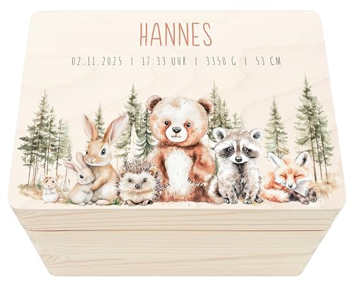 Erinnerungsbox Baby Junge personalisierte Holzkiste Erinnerungskiste Erinnerungsbox Waldtiere Geschenk Geburt Geburtsgeschenk Holzbox 30x20x13 cm