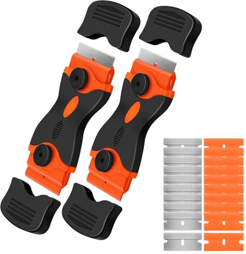 Razor Blade Scraper 2-in-1 Multi-Surface Tool 2-Pack for Car Windows, Glass, Vinyl, Stickers, Cooktops, Dual-Edge Adhesive Remover with Safety Cap, Ergonomic Handle, Quick-Change Design (Orange)