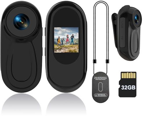RUMUCF Mini Body Camera HD 1080P Thumb Action Cam with 32GB Card Night Vision 0.9 Display Magnetic Pendant, POV Wearable Sports Camera for Pet Cycling Vlogging