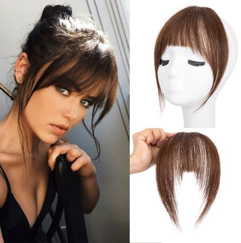 Clip-in-Pony, 100% Echthaar-Extensions für Frauen, französischer Pony, Kunsthaarverlängerung, Pony mit Bügeln (Dark Brown)