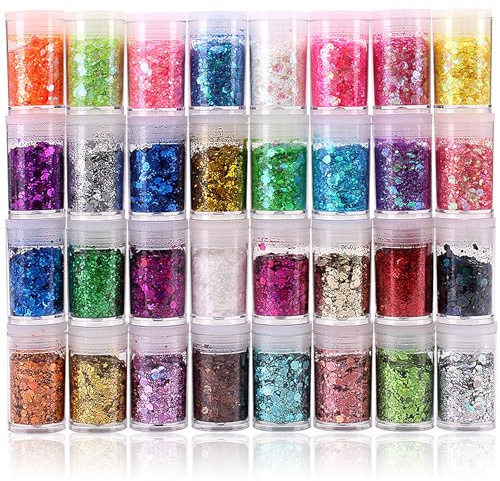 GmwyCzV 32 Farben Glitzerpulver Set, Bastel Glitzer Set, Glitzer Basteln, | Klobige Pailletten und Feine Glitzer Pulver, Glitzerpulver zum Basteln, für Make-up, Karten, Nagelkunst, Party, DIY