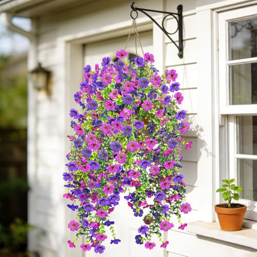 YMIFEEY 2 Stück Künstliche Hängepflanzen Kunstblumen Hängend Wie Echt Hängende Kunstpflanzen Wetterfest Künstliche Blumen Ranken für Außen Innen Balkon Terrasse Blumenampel (2, Lila+Lilarot)