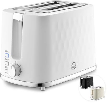 Swan Hexton Variable Width 2 Slice Toaster, 7 Browning Levels, Cancel/Reheat/Defrost, Removable Crumb Tray, Cord Storage, 900W, White with Chrome Accents, ST19037WHT