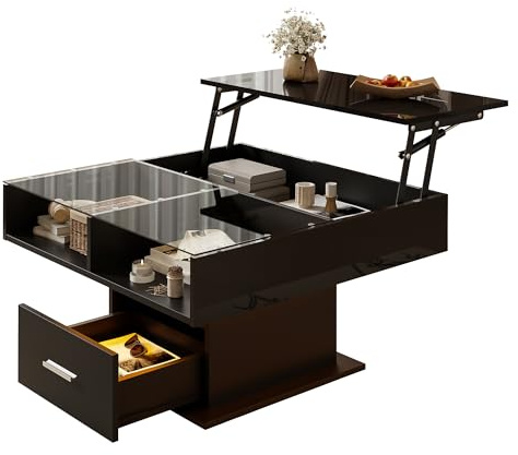 HaoChrymec Multifunktionaler Hochglanz-Lift-Couchtisch mit LED-Beleuchtung, Verstellbarer Höhe, Stauraum, platzsparend, für Wohnzimmer, Büro & kleine Wohnungen, Schwarz, 78x78x45.5 cm