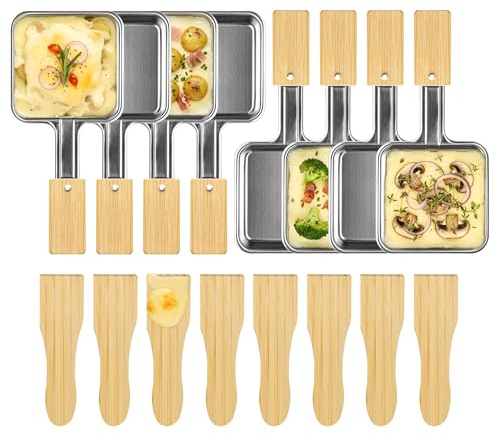 Kosmosta 8er Set Edelstahl Raclette Pfännchen Quadratisch mit Extra Langem Griff und Bambusgriff, 8 Bambus Spatel, Ohne Beschichtung, Große Raclette Grillpfannen, Ersatz Zubehör