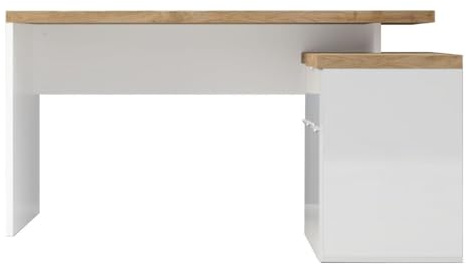 AltoBuy Bureau 138cm avec Retour rangements Blanc laqué Brillant Plateau Aspect Bois Finition Cadiz - Genius