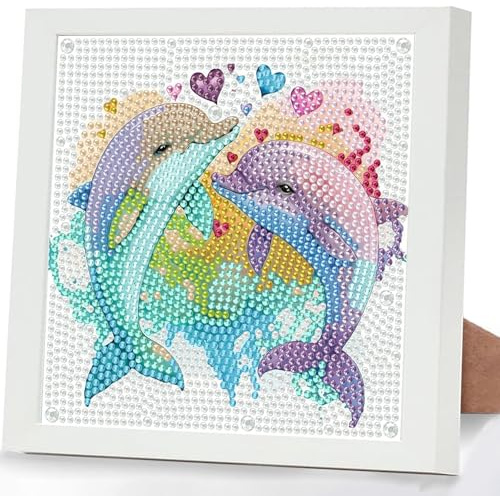 GHHKUD Delphin Diamond Painting Kinder mit Rahmen, 5D Tiere Diamond Painting Bilder Erwachsene, Diamant Malerei Set Geschenk für Kinder und Mädchen ab 6 8 10 Jahren, Diamant Art Home Decor(18x18cm)