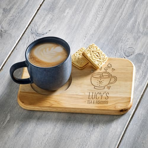 Just Giftz Personalised Tea and Biscuit Serving Board, 23 x 15 x 1.5cm | Handmade wooden board with mug holder and snack slot, custom-engraved, ideal for coffee, cake and gifting.