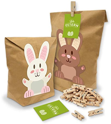 itenga Frohe Ostern Deko Geschenkverpackung Tischkarten Osterhase Hasenbande Geldgeschenk Geschenkkarten (Geschenktüten + Klammern + Karten (10 Stück))