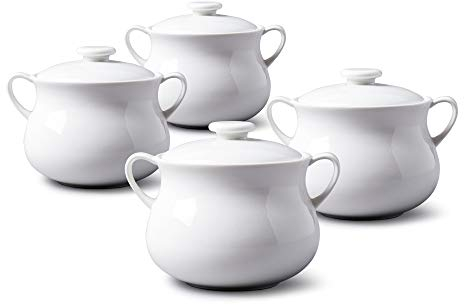 WM Bartleet & Sons 1750 TSET119 Traditional Porcelain Set of 4 Lidded Individual French Onion Soup and Stew Bowl with Handles 500ml – White