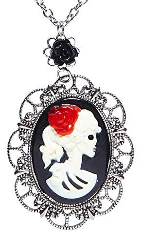 Collana con cammeo rosa nera e teschio, gioielli per Halloween