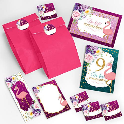 JuNa-Experten 12 Einladungskarten zum 9. Kindergeburtstag Mädchen Flamingo Einladungen zum neunten Geburtstag incl. 12 Umschläge, 12 Tüten/rosa, 12 Aufkleber, 12 Lesezeichen, 12 Blöcke