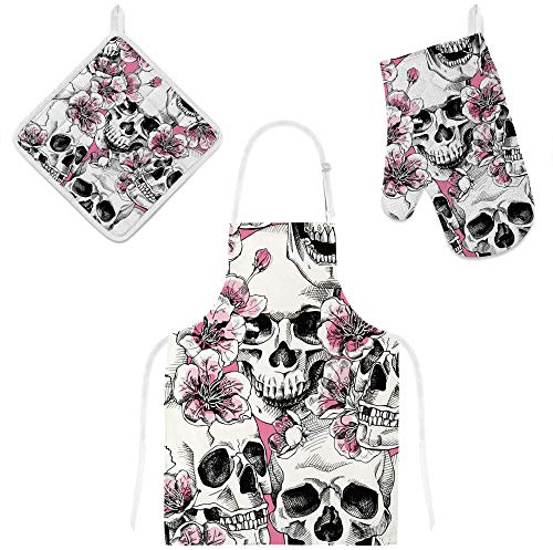 MyDaily Kochschürze, Ofenhandschuh und Topflappen Set, Totenkopf Kirschblüten Verstellbare Schürze mit Taschen, Ofenhandschuh und Topflappen, 3-teiliges Küchengeschenk-Set